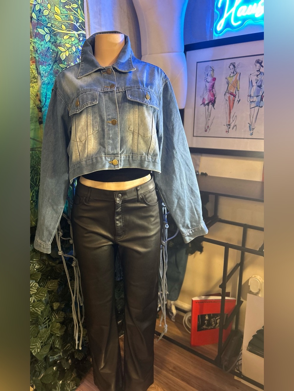 Fringed Open-Knotted Knit Denim Jacket - Light/Med Blue Wash! Size: XL - Picture 3 of 5